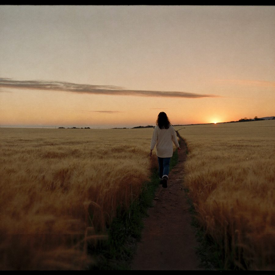A figure walking a path through a golden meadow at sunset